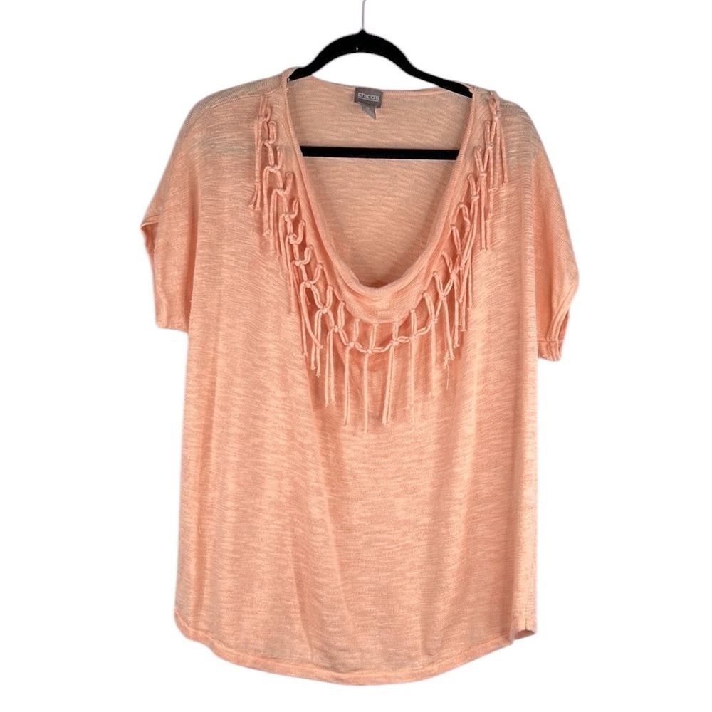Chico's Coral Knit Boho Fringe‎ Round Neck Summer Spring Vacation Top Size Large